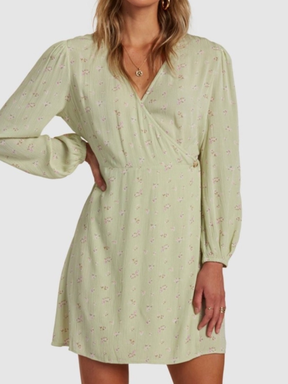 Billabong Light Green Floral Wrap Long Sleeve Dress